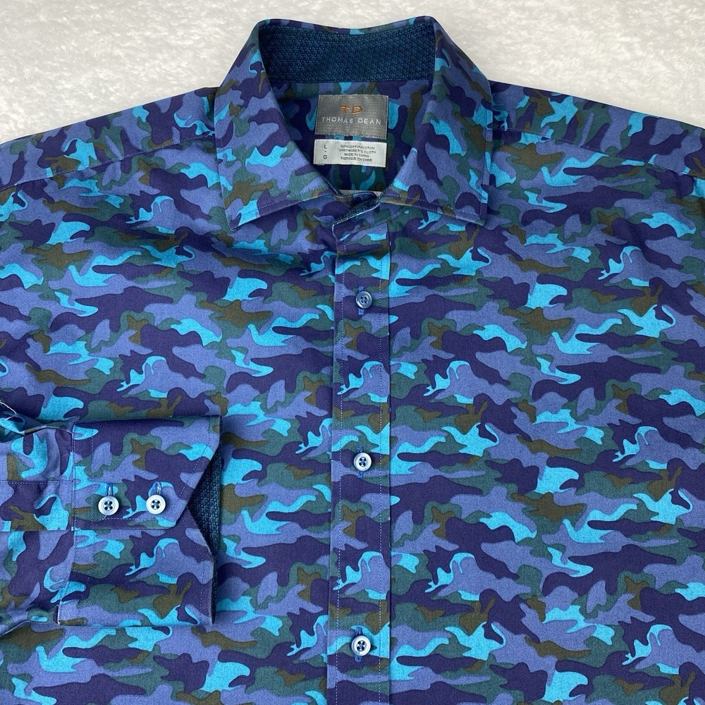 Thomas Dean Shirt Mens Large Blue Camouflage Print Flip Cuffs